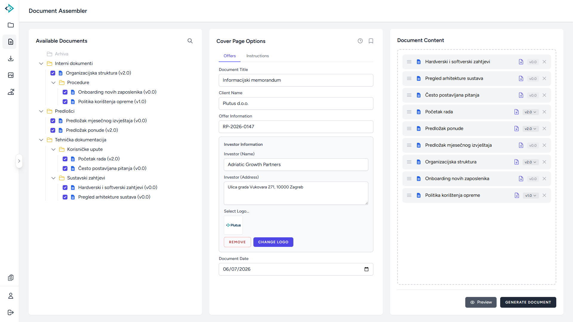 The Document Assembler - selecting documents from the tree, cover page options, and content order