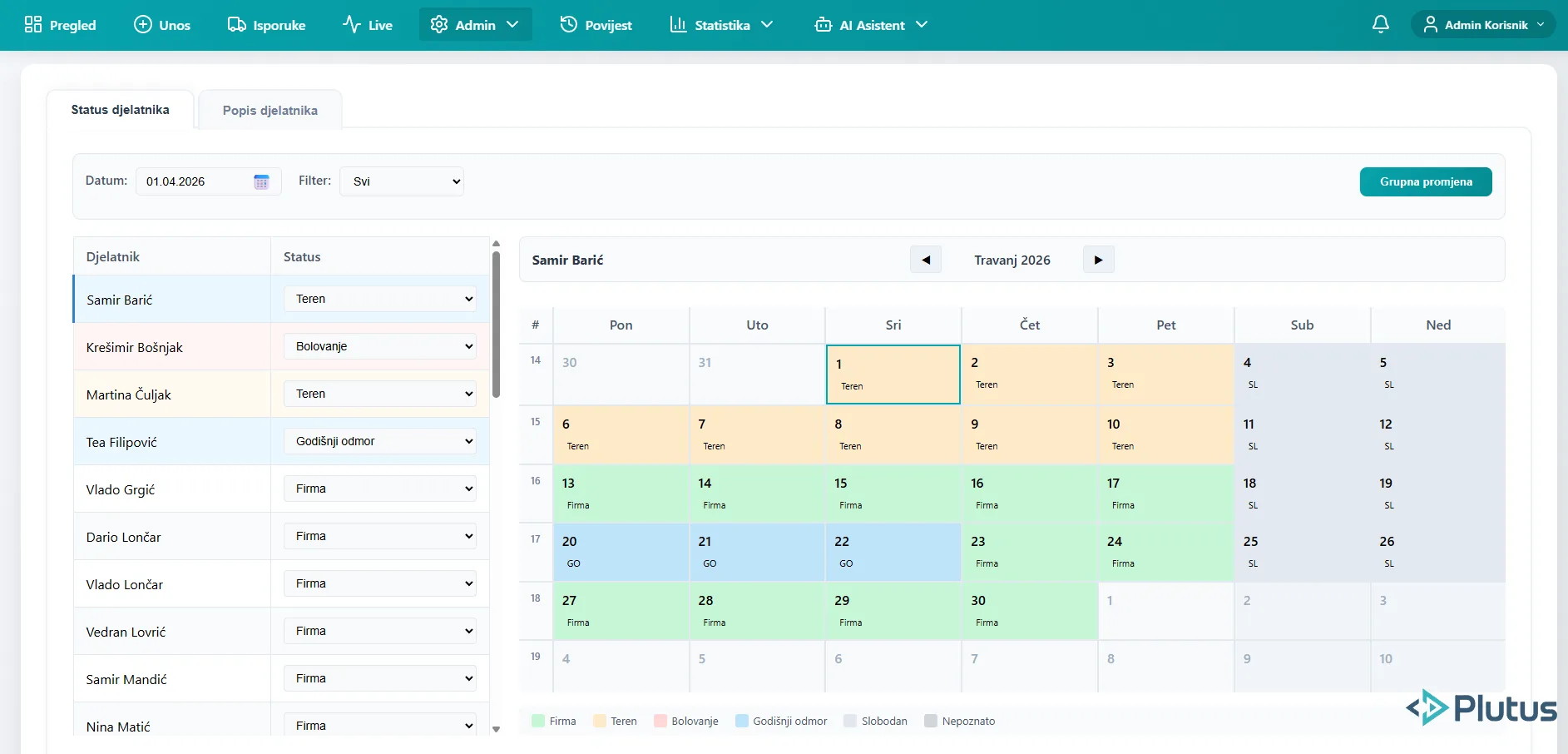 Employee attendance calendar - daily status tracking with color-coded categories